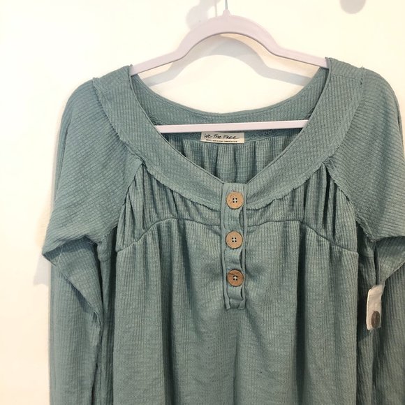Free People Button Ribbed Oversize Sage Shirt Top - Picture 3 of 9